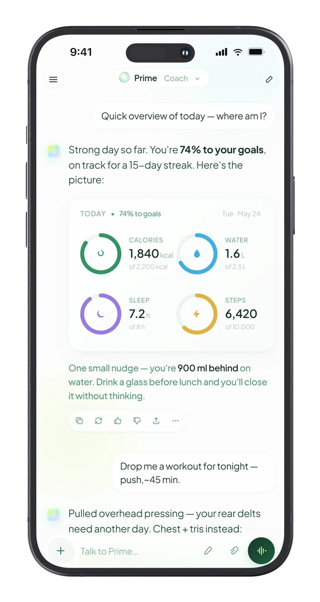 Primefit app Prime AI coach chat with today's goal progress