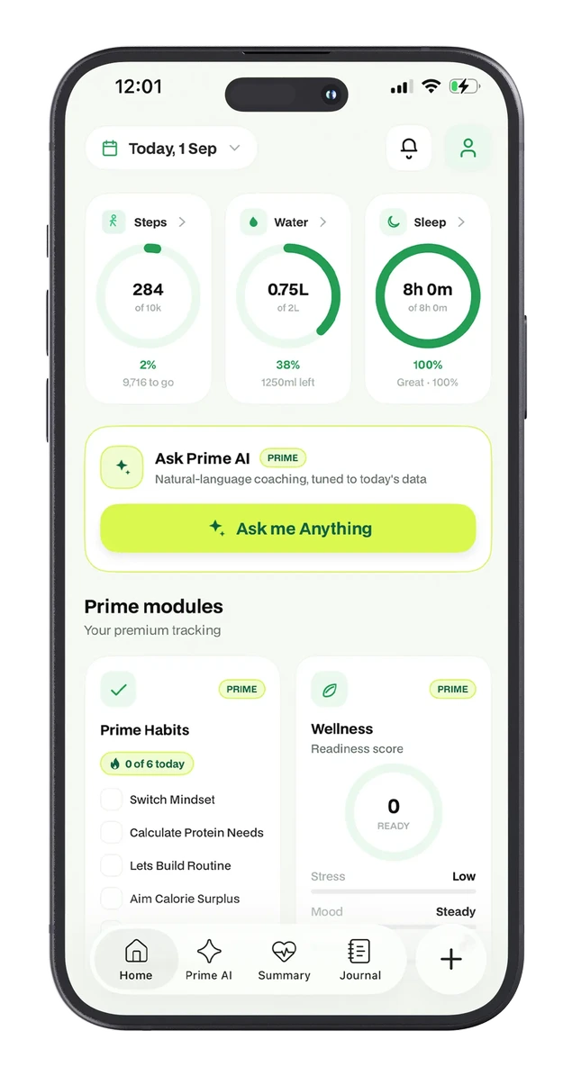 Primefit app home screen with steps, water, sleep and Prime modules